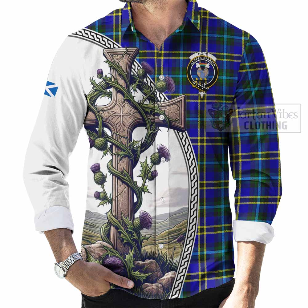 Tartan Vibes Clothing Hope Tartan Long Sleeve Button Shirt with Family Crest and St. Andrew's Cross Accented by Thistle Vines