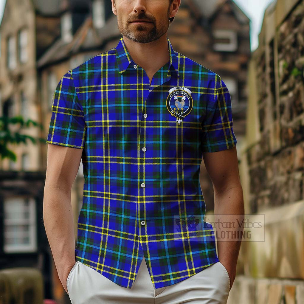 Tartan Vibes Clothing Hope Tartan Short Sleeve Button Shirt with Family Crest and Bearded Skull Holding Bottles of Whiskey