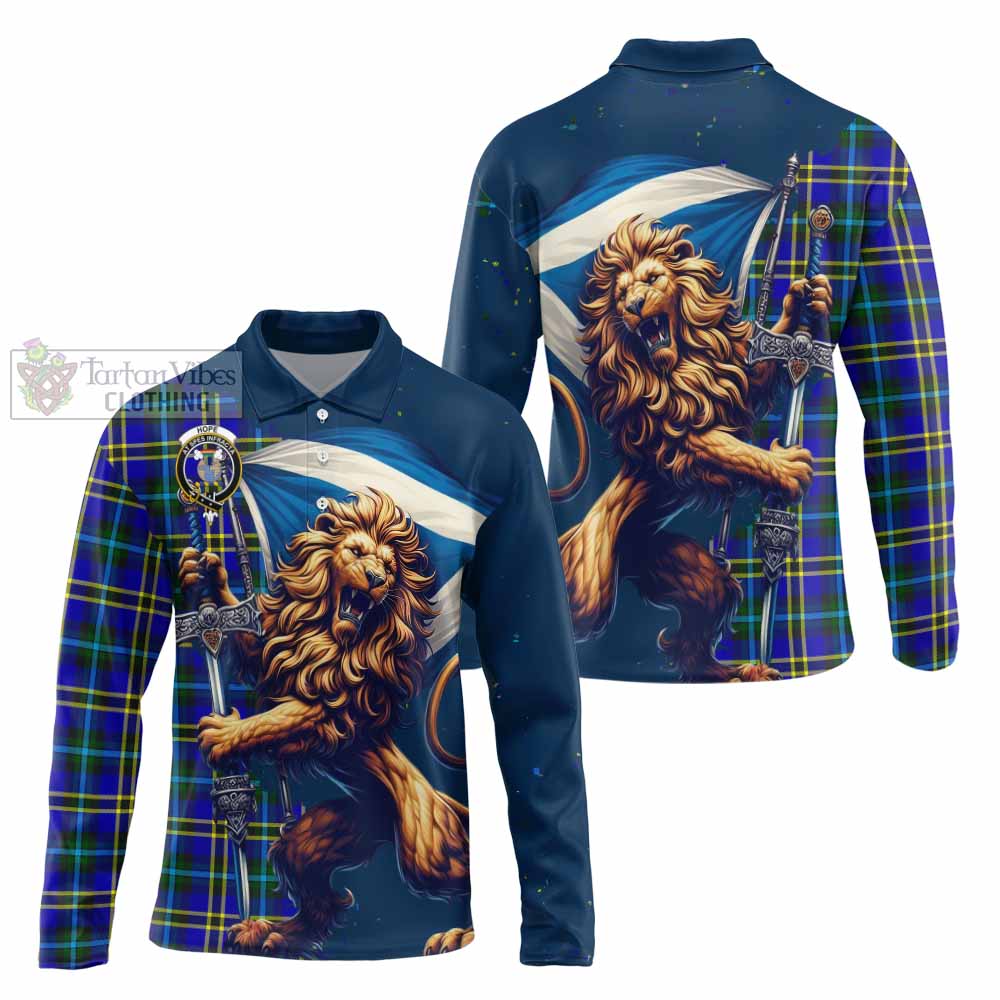 Tartan Vibes Clothing Hope Tartan Family Crest Long Sleeve Polo Shirt with Scottish Majestic Lion