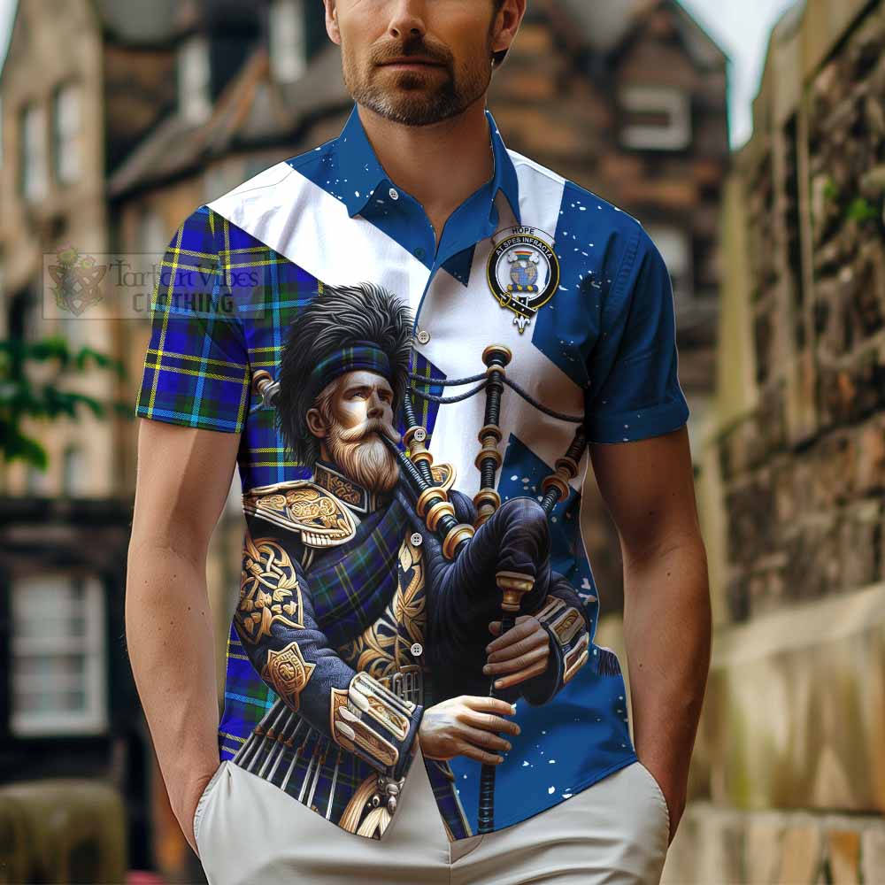 Tartan Vibes Clothing Hope Tartan Short Sleeve Button Shirt with Family Crest Scottish Bagpiper Vibes