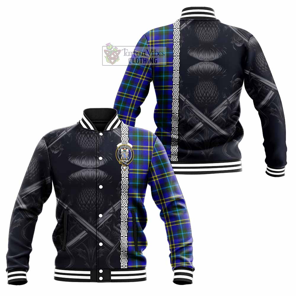 Tartan Vibes Clothing Hope Tartan Baseball Jacket with Family Crest Cross Sword Thistle Celtic Vibes