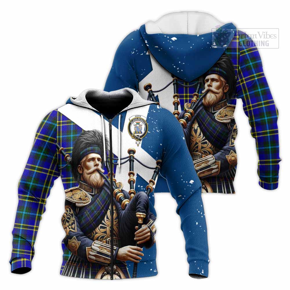 Tartan Vibes Clothing Hope Tartan Knitted Hoodie with Family Crest Scottish Bagpiper Vibes