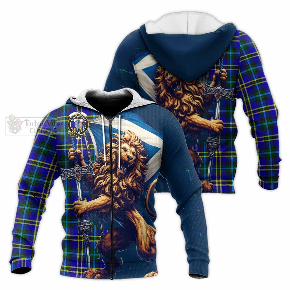 Tartan Vibes Clothing Hope Tartan Family Crest Knitted Hoodie with Scottish Majestic Lion