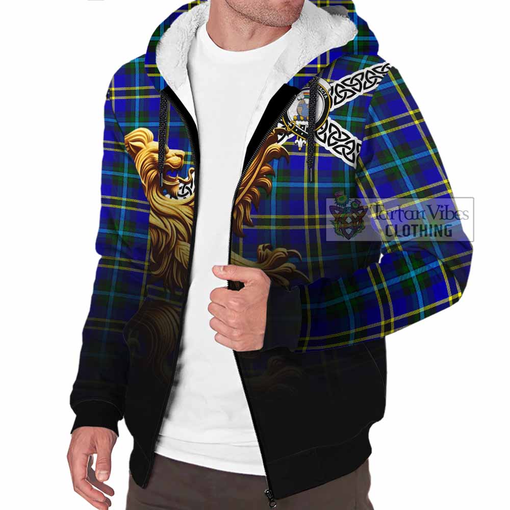 Hope Crest Tartan Sherpa Hoodie with Golden Lion Emblem Celtic Style - Tartan Vibes Clothing