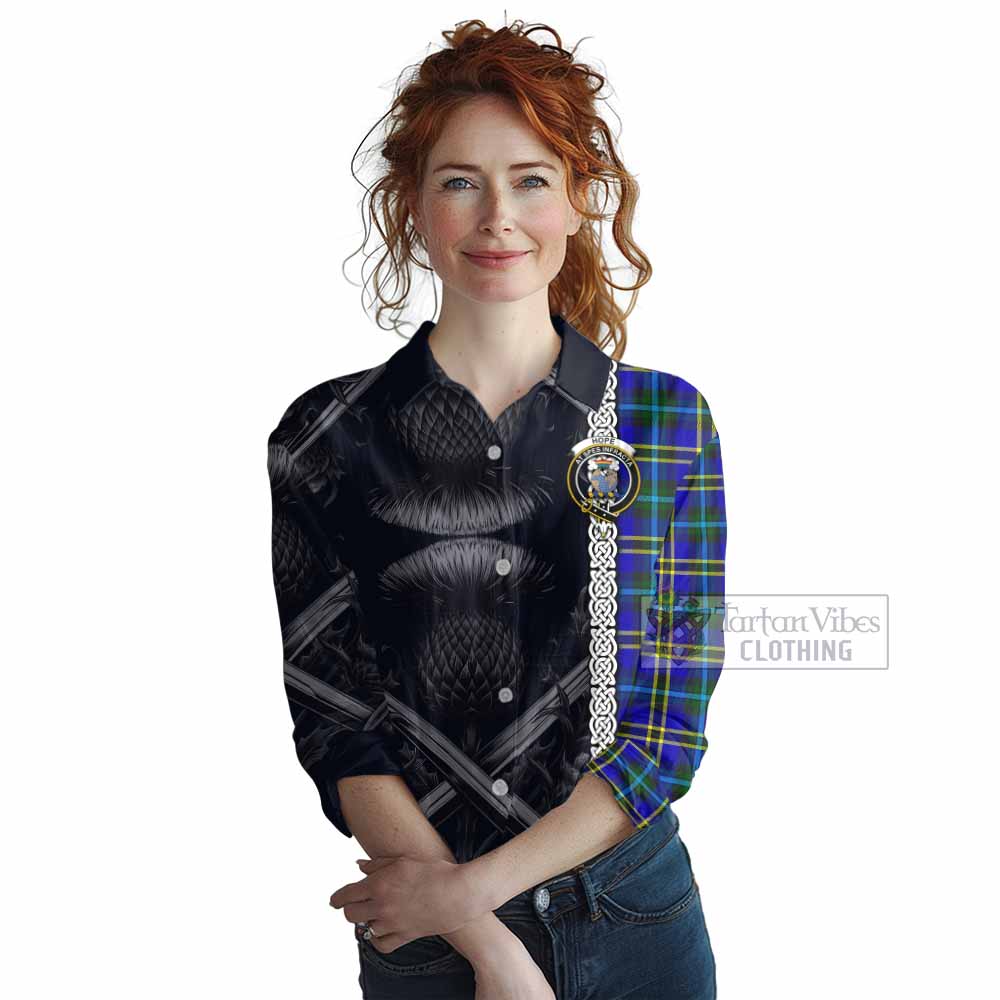 Tartan Vibes Clothing Hope Tartan Women's Casual Shirt with Family Crest Cross Sword Thistle Celtic Vibes