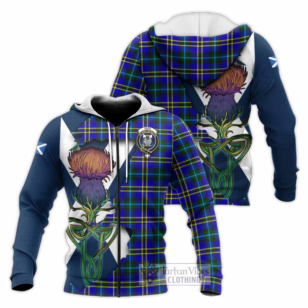 Hope Tartan Family Crest Knitted Hoodie Scottish Thistle Celtic Inspired Unisex Knitted Zip Hoodie - Tartan Vibes Clothing