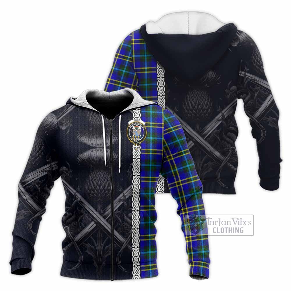 Tartan Vibes Clothing Hope Tartan Knitted Hoodie with Family Crest Cross Sword Thistle Celtic Vibes