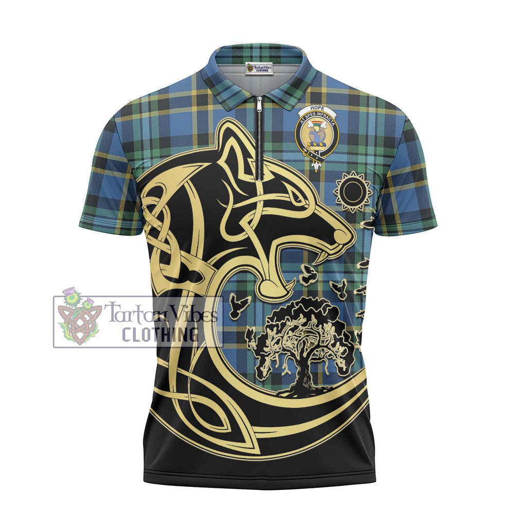 Hope Ancient Tartan Zipper Polo Shirt with Family Crest Celtic Wolf Style - Tartanvibesclothing Shop