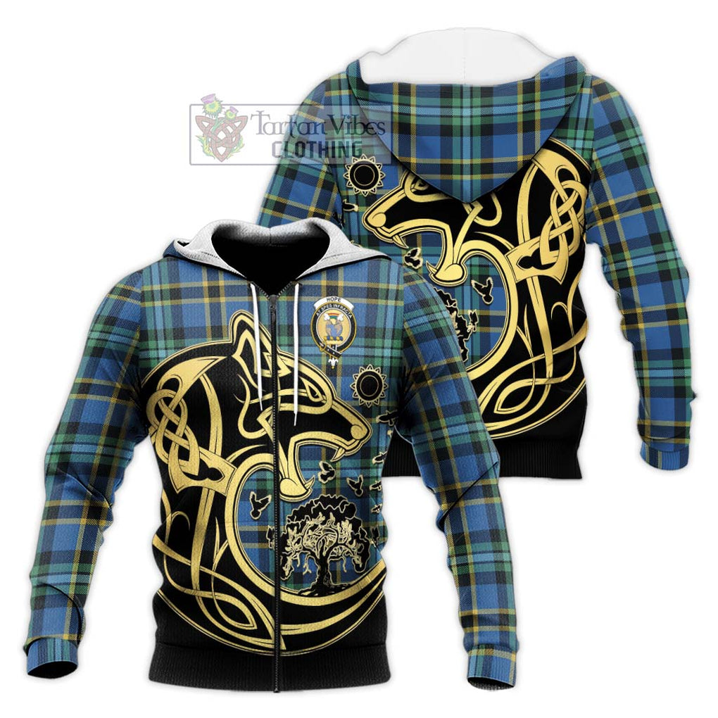 Hope Ancient Tartan Knitted Hoodie with Family Crest Celtic Wolf Style Unisex Knitted Zip Hoodie - Tartan Vibes Clothing