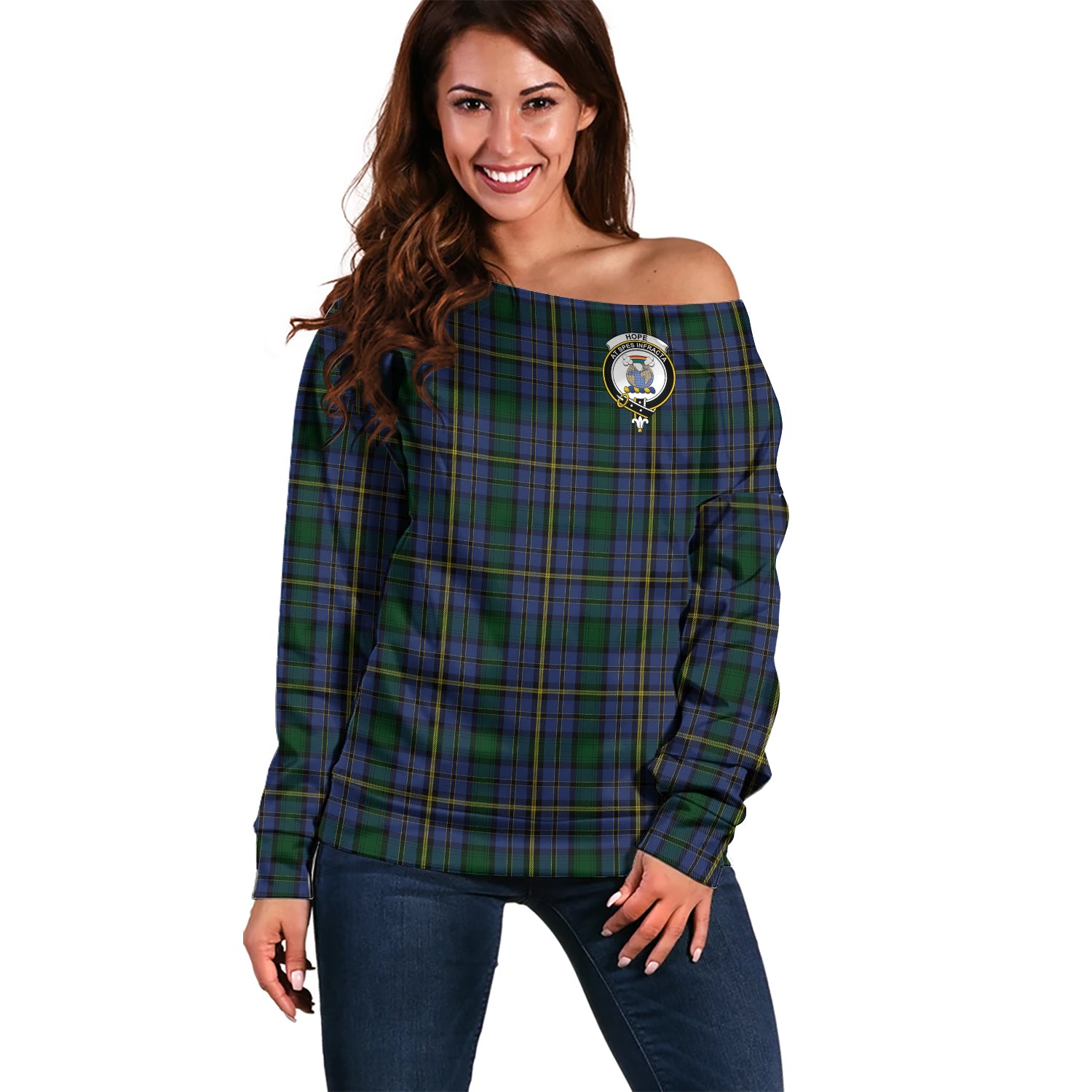 Hope Clan Originaux Tartan Off Shoulder Women Sweater with Family Crest Women - Tartanvibesclothing