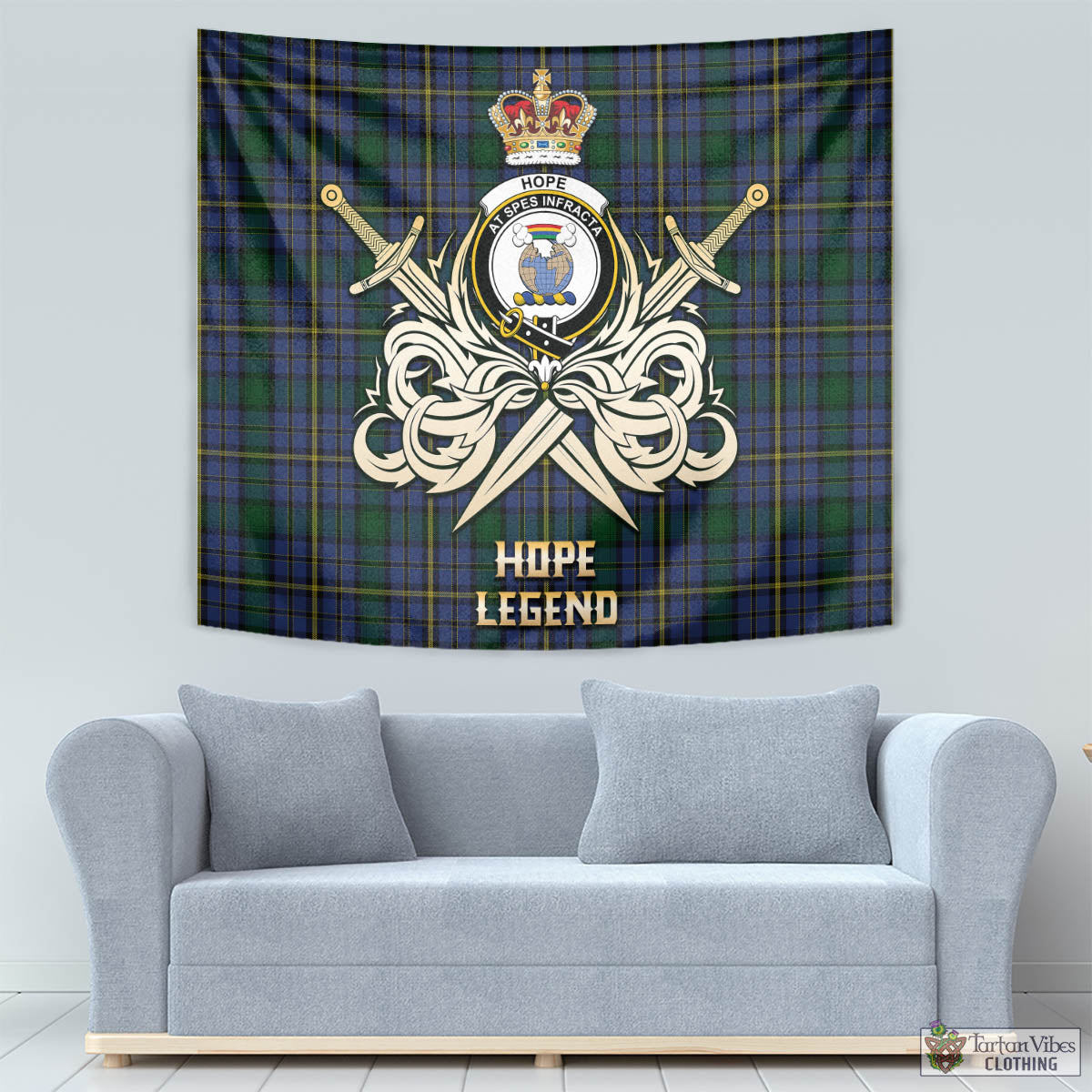 Tartan Vibes Clothing Hope Clan Originaux Tartan Tapestry with Clan Crest and the Golden Sword of Courageous Legacy