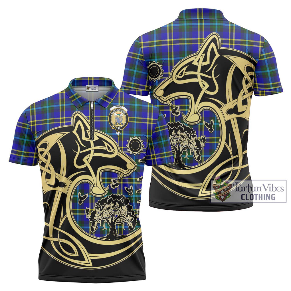 Hope Tartan Zipper Polo Shirt with Family Crest Celtic Wolf Style Unisex - Tartanvibesclothing Shop