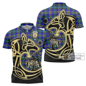 Hope Tartan Zipper Polo Shirt with Family Crest Celtic Wolf Style