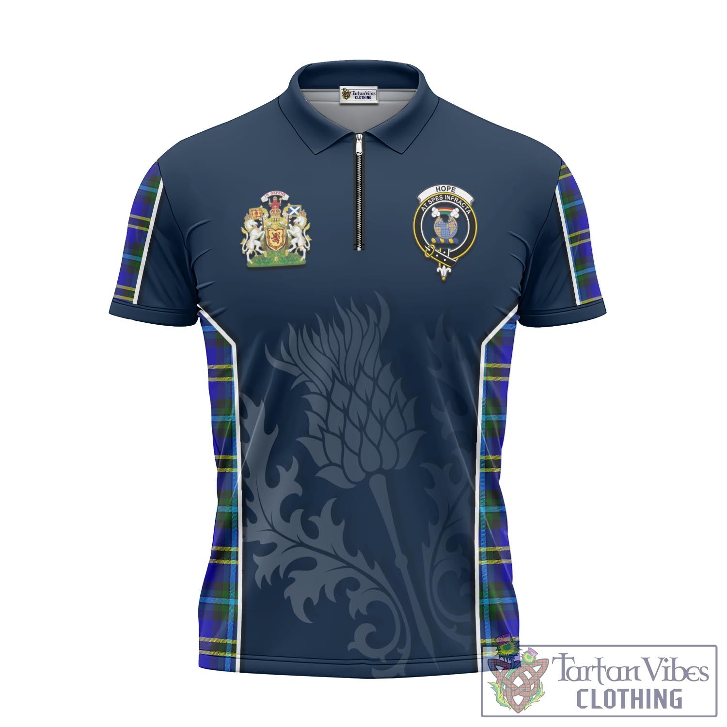 Tartan Vibes Clothing Hope Modern Tartan Zipper Polo Shirt with Family Crest and Scottish Thistle Vibes Sport Style