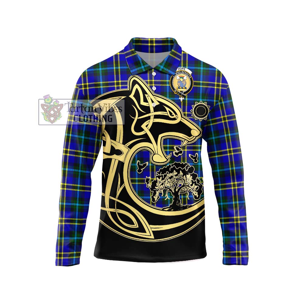 Hope Tartan Long Sleeve Polo Shirt with Family Crest Celtic Wolf Style Unisex - Tartanvibesclothing Shop