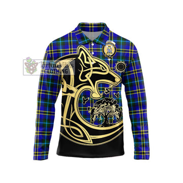 Hope Tartan Long Sleeve Polo Shirt with Family Crest Celtic Wolf Style