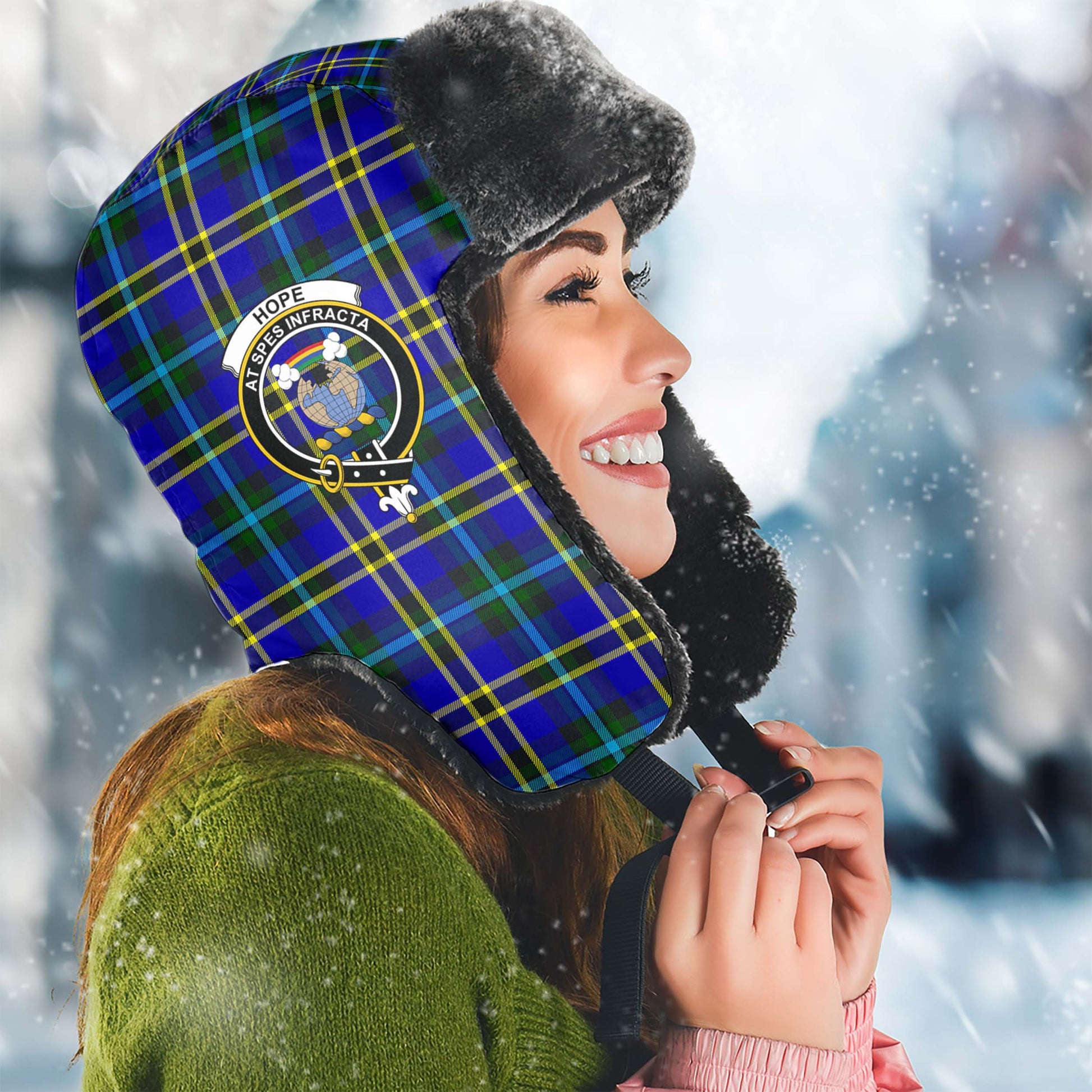 Hope Modern Tartan Winter Trapper Hat with Family Crest Winter Trapper Hat Universal Fit Circumference 22.8in (58cm) - Tartanvibesclothing