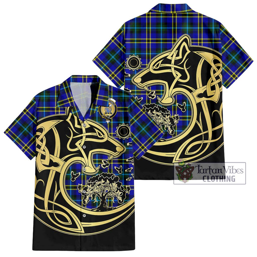 Hope Tartan Short Sleeve Button Shirt with Family Crest Celtic Wolf Style Kid - Tartan Vibes Clothing