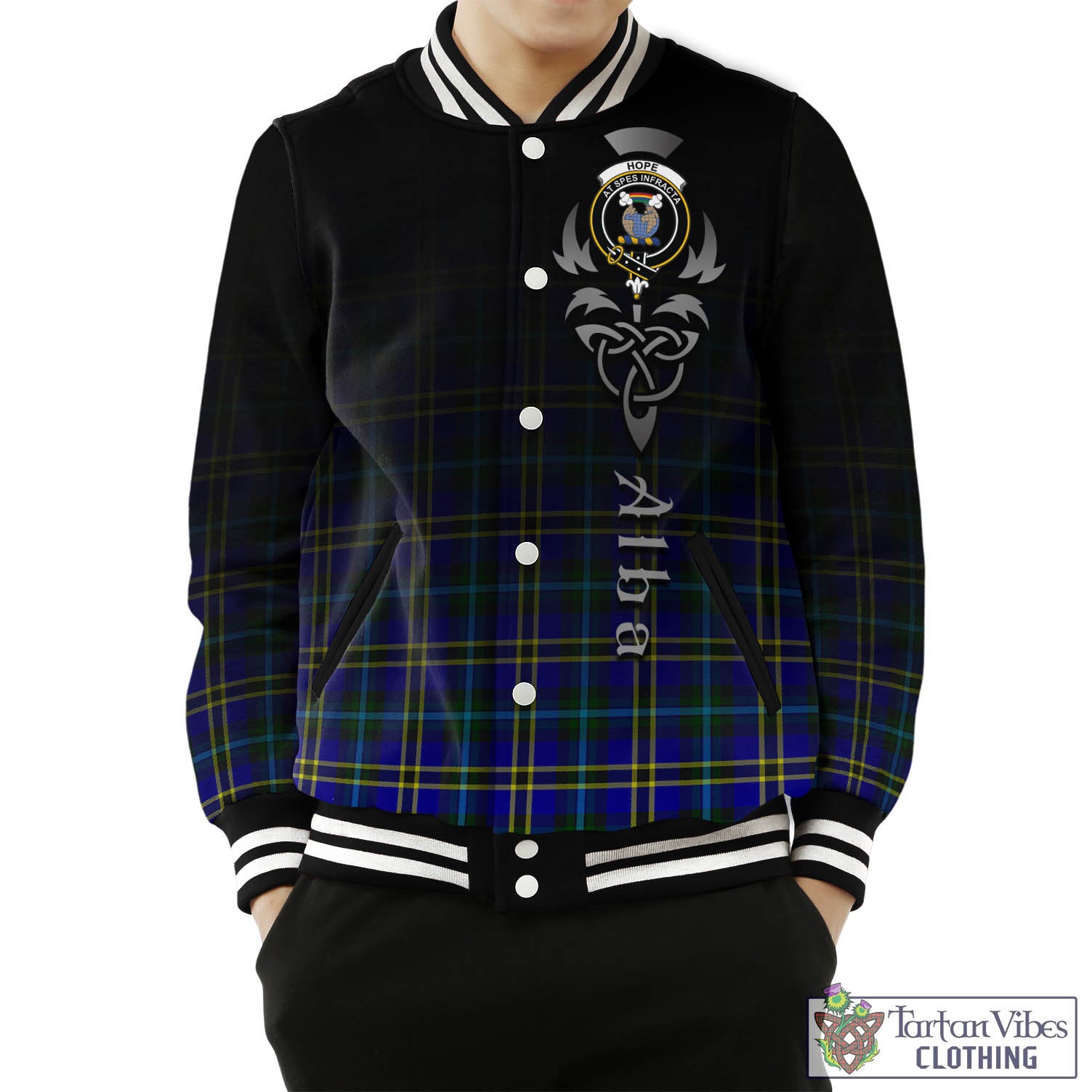 Tartan Vibes Clothing Hope Modern Tartan Baseball Jacket Featuring Alba Gu Brath Family Crest Celtic Inspired