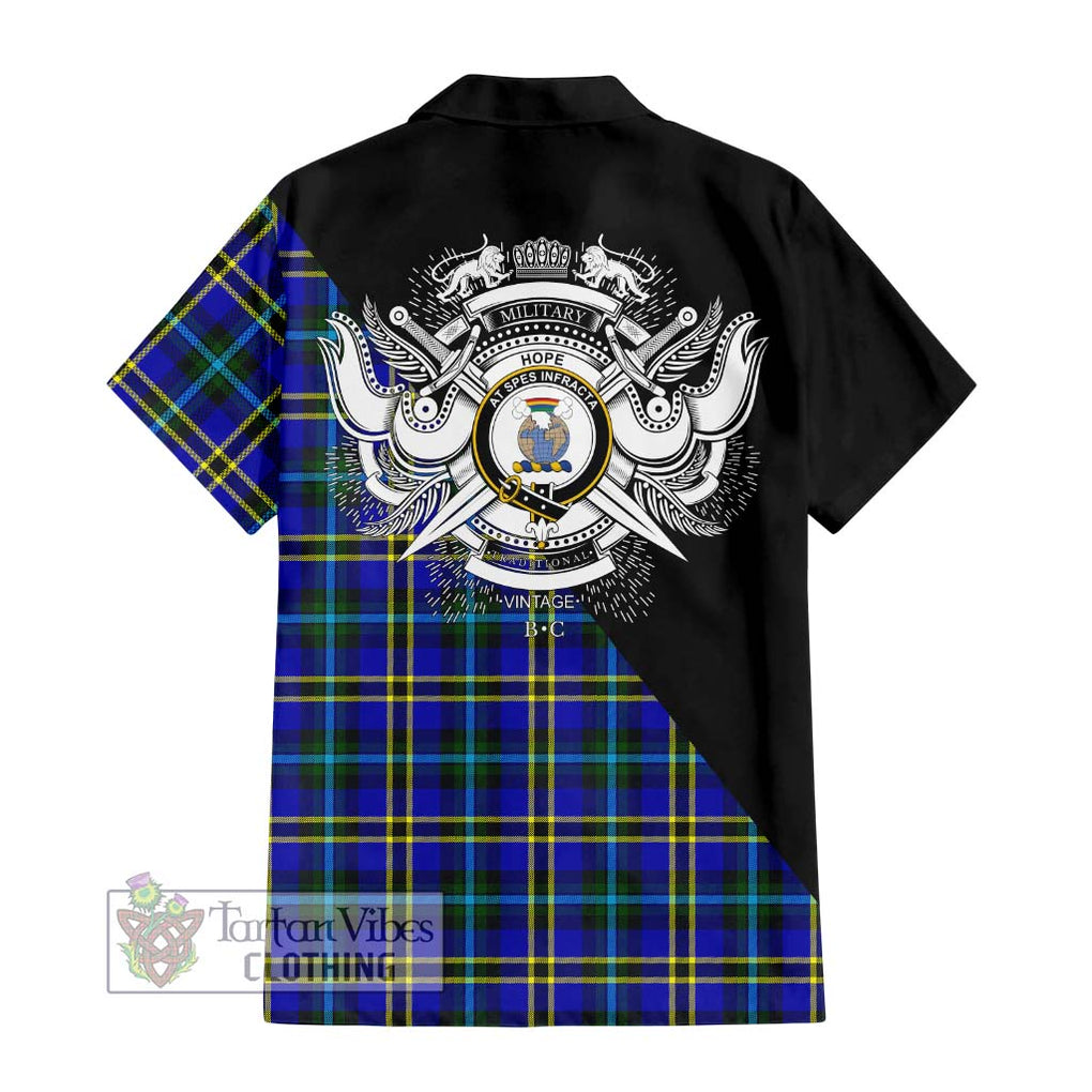 Hope Tartan Short Sleeve Button Shirt with Family Crest and Military Logo Style - Tartanvibesclothing Shop