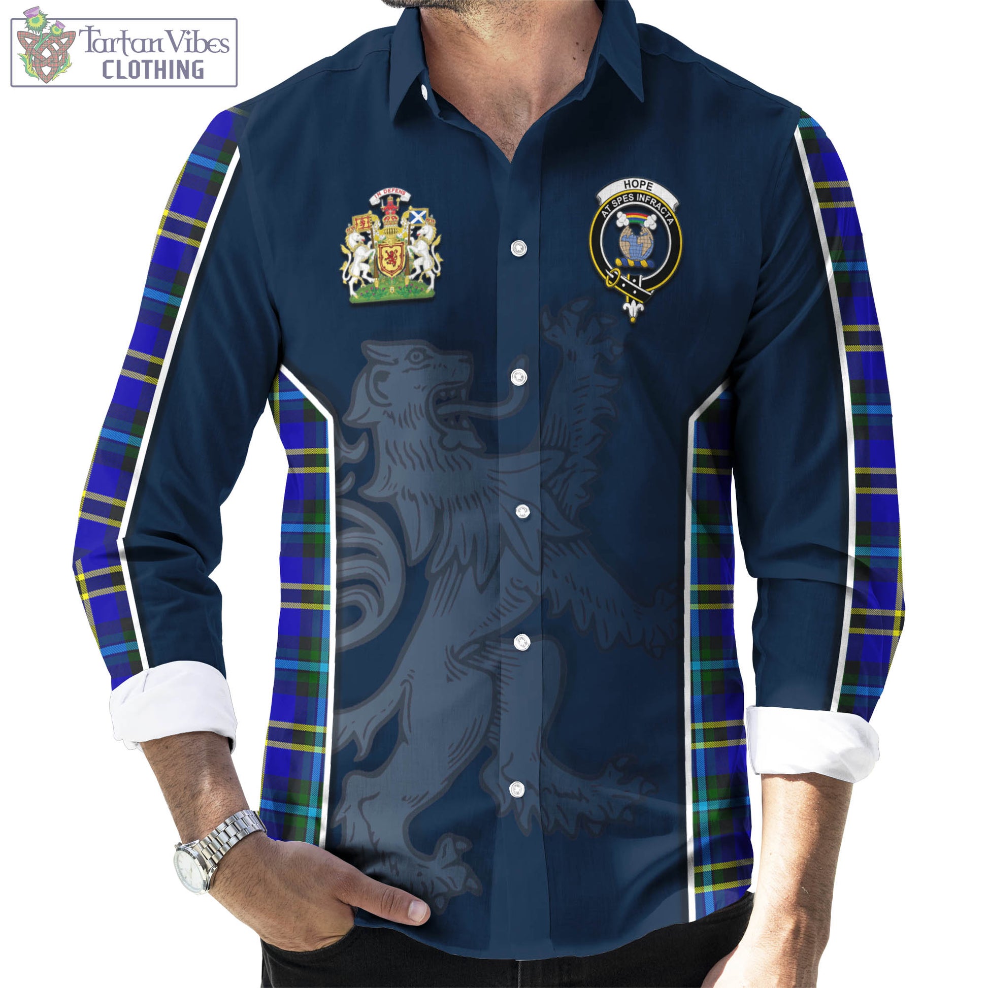 Tartan Vibes Clothing Hope Modern Tartan Long Sleeve Button Up Shirt with Family Crest and Lion Rampant Vibes Sport Style