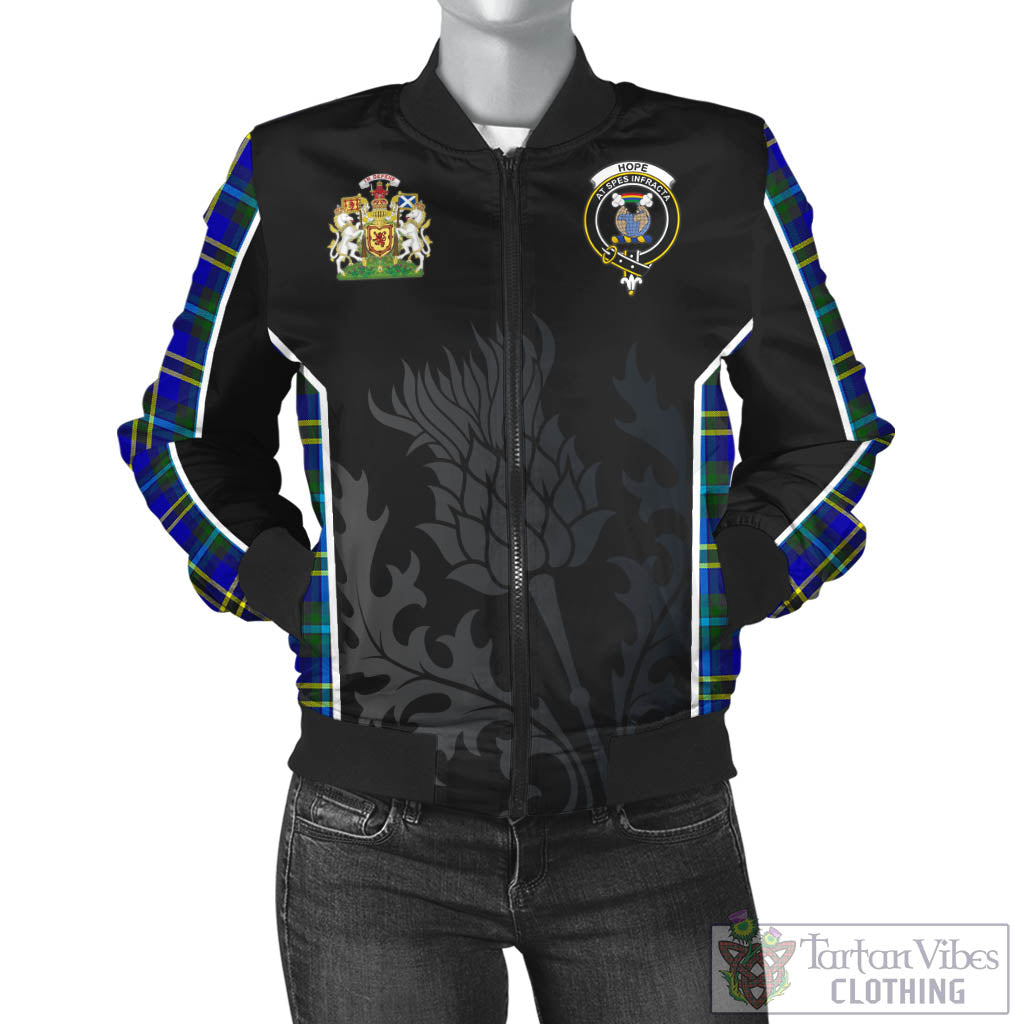 Tartan Vibes Clothing Hope Modern Tartan Bomber Jacket with Family Crest and Scottish Thistle Vibes Sport Style