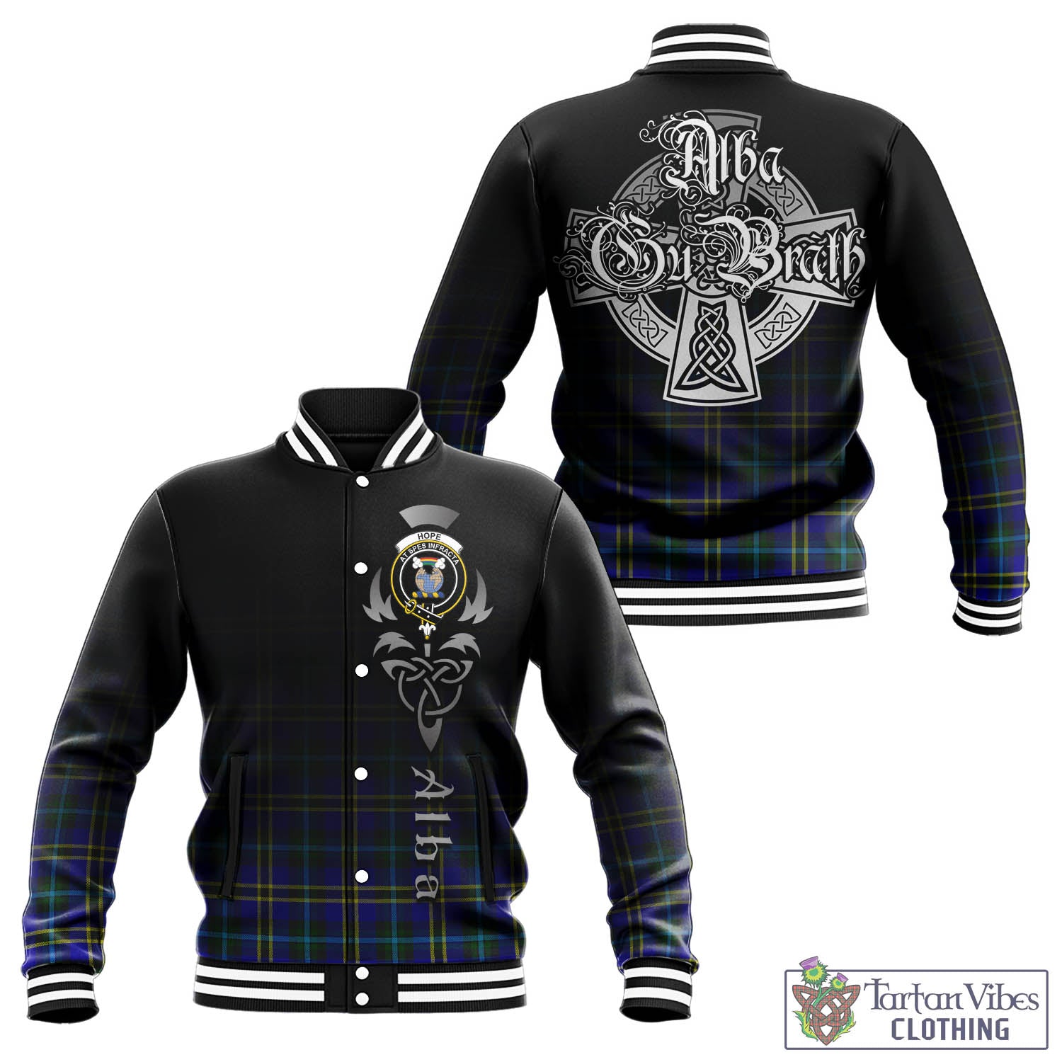 Tartan Vibes Clothing Hope Modern Tartan Baseball Jacket Featuring Alba Gu Brath Family Crest Celtic Inspired