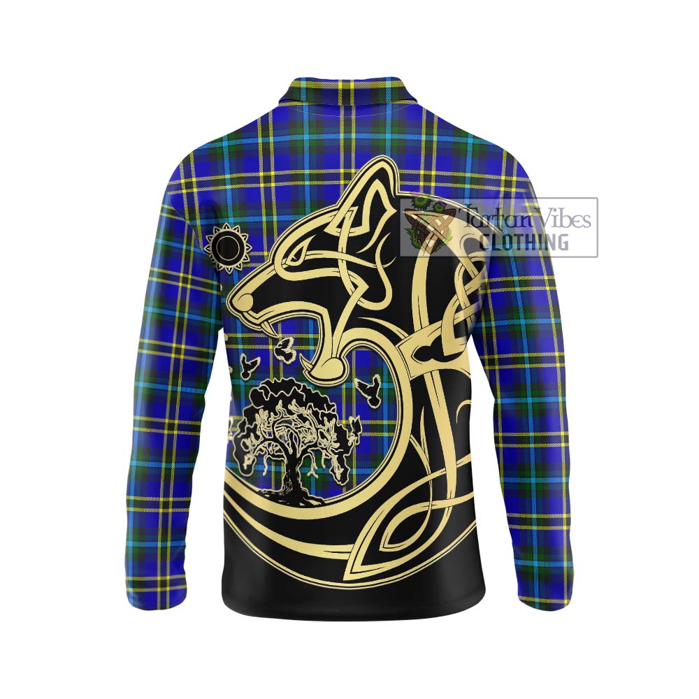 Hope Tartan Long Sleeve Polo Shirt with Family Crest Celtic Wolf Style - Tartanvibesclothing Shop