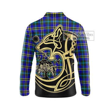 Hope Tartan Long Sleeve Polo Shirt with Family Crest Celtic Wolf Style