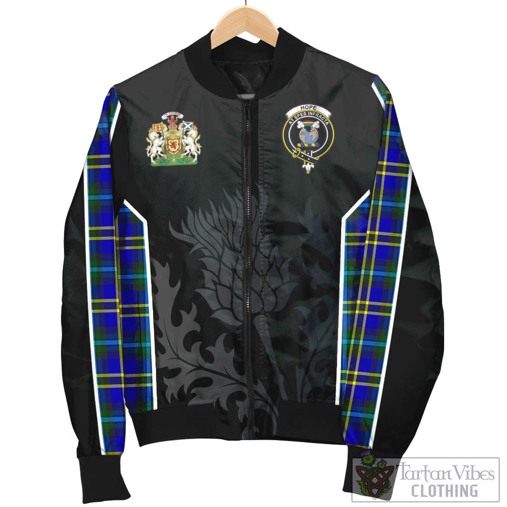 Tartan Vibes Clothing Hope Modern Tartan Bomber Jacket with Family Crest and Scottish Thistle Vibes Sport Style