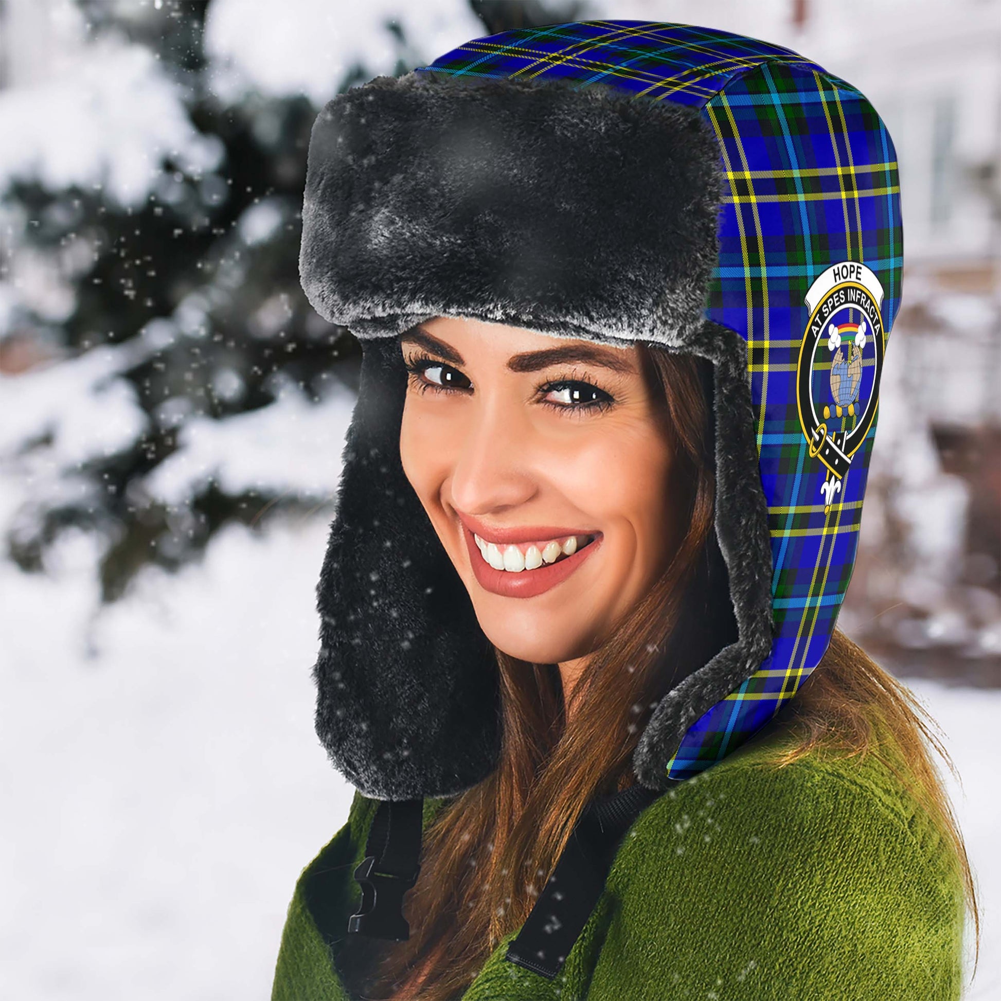 Hope Modern Tartan Winter Trapper Hat with Family Crest - Tartanvibesclothing