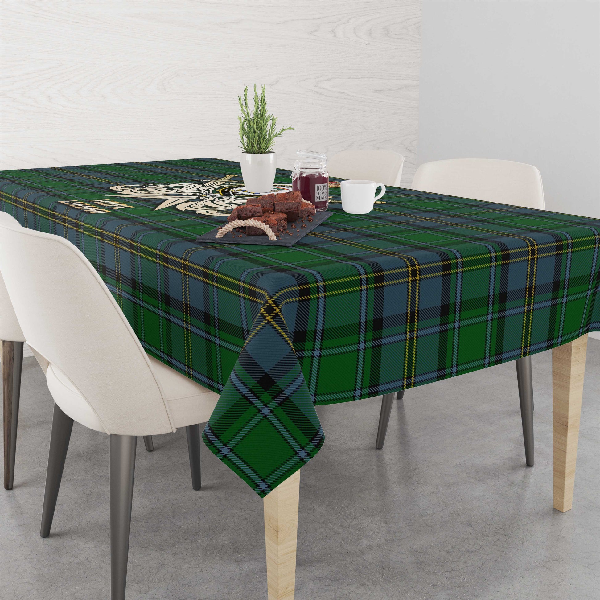 Tartan Vibes Clothing Hope Vere Tartan Tablecloth with Clan Crest and the Golden Sword of Courageous Legacy