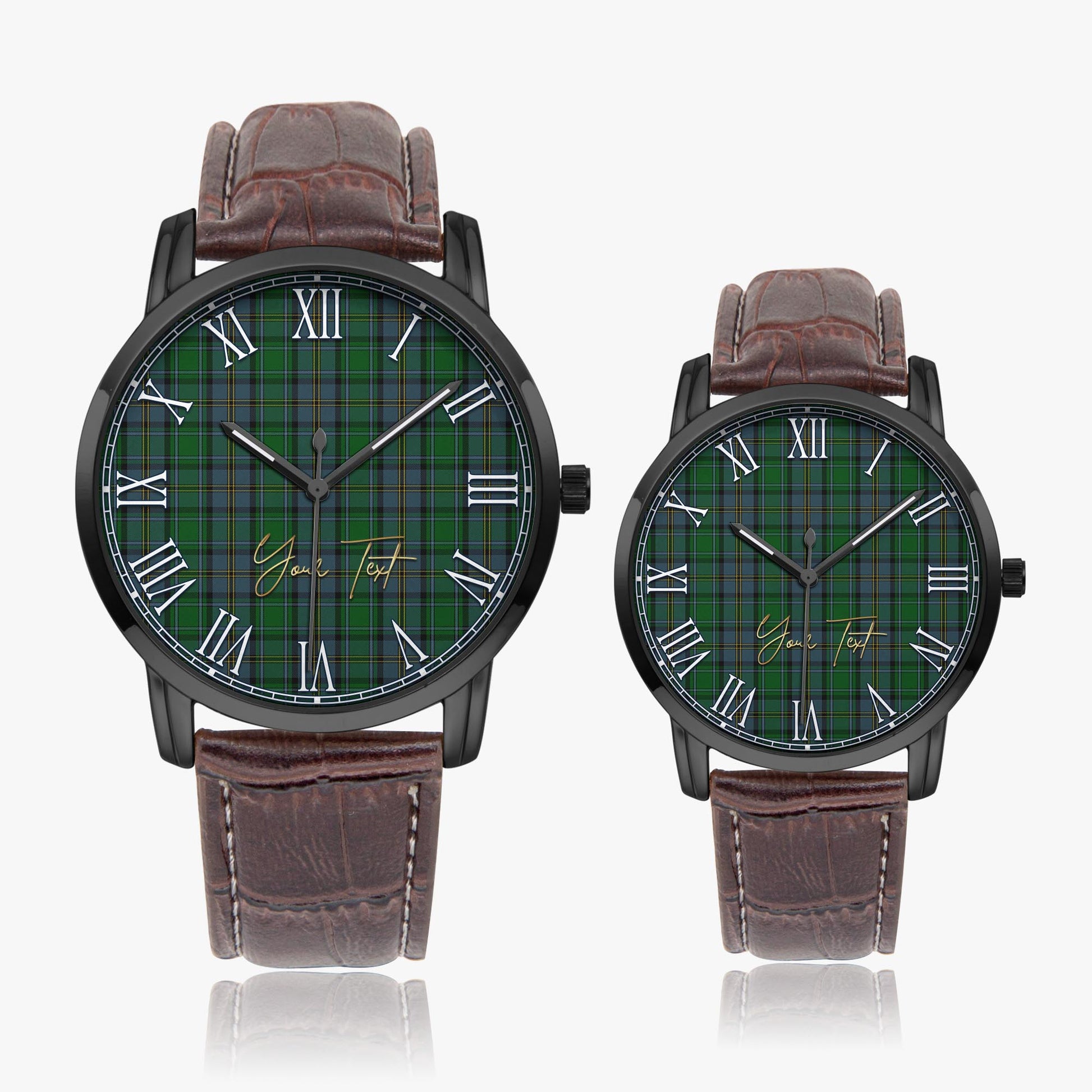 Hope Vere Tartan Personalized Your Text Leather Trap Quartz Watch Wide Type Black Case With Brown Leather Strap - Tartanvibesclothing