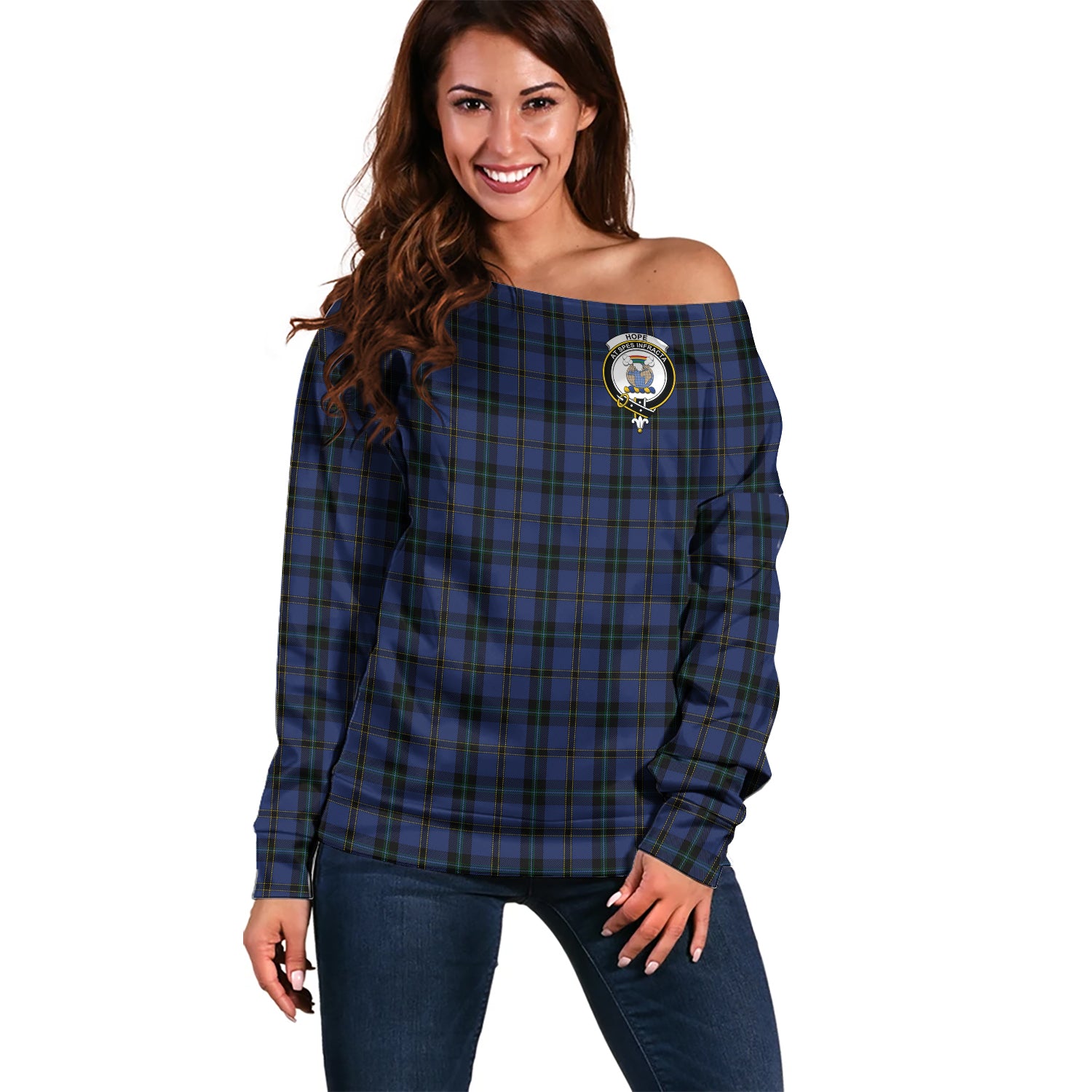 Hope (Vere-Weir) Tartan Off Shoulder Women Sweater with Family Crest Women - Tartanvibesclothing