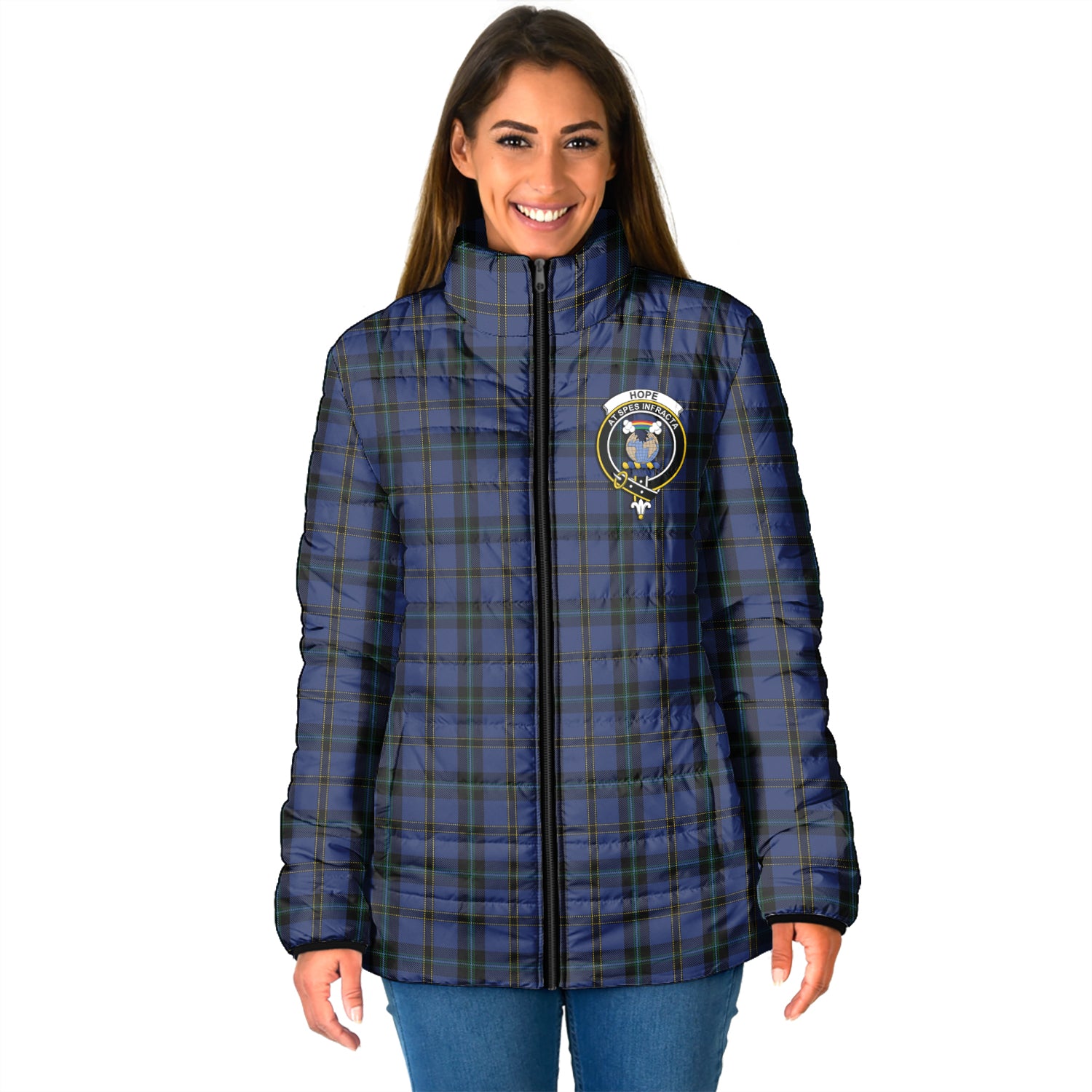 Hope (Vere-Weir) Tartan Padded Jacket with Family Crest - Tartan Vibes Clothing