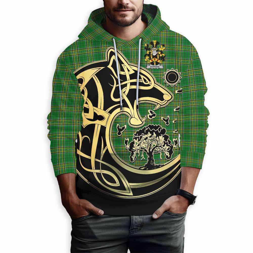 Hopkins Irish Tartan Hoodie with Coat of Arms Celtic Wolf Style Pullover Hoodie - Tartan Vibes Clothing