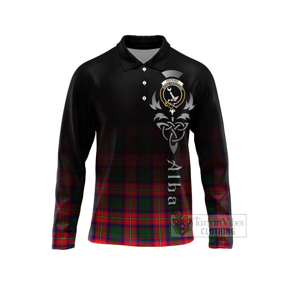 Tartan Vibes Clothing Hopkirk Tartan Long Sleeve Polo Shirt Featuring Alba Gu Brath Family Crest Celtic Inspired