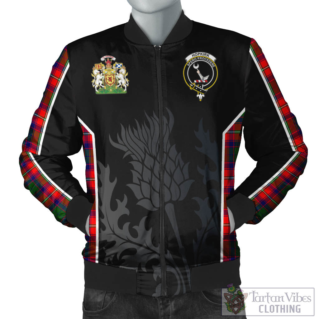 Tartan Vibes Clothing Hopkirk Tartan Bomber Jacket with Family Crest and Scottish Thistle Vibes Sport Style