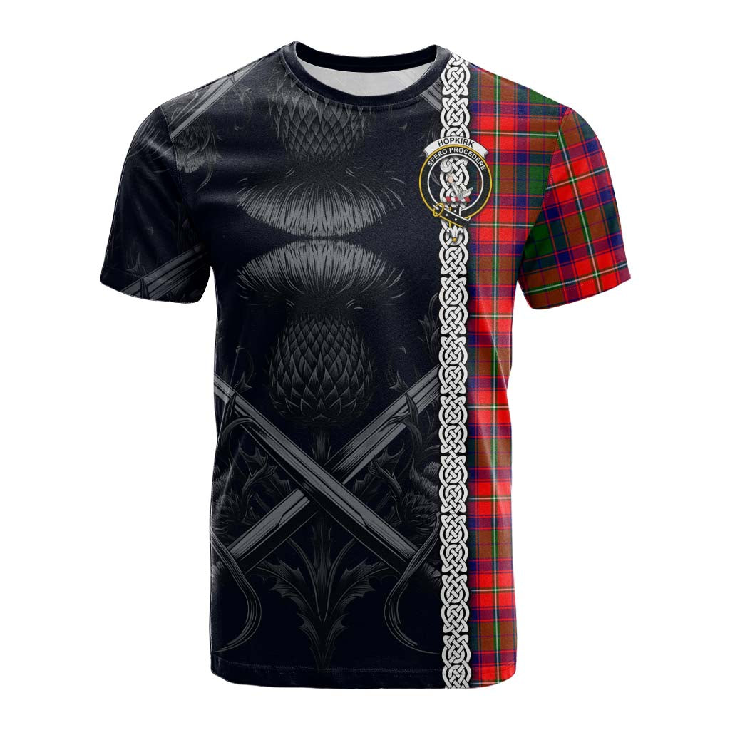 Tartan Vibes Clothing Hopkirk Tartan Cotton T-shirt with Family Crest Cross Sword Thistle Celtic Vibes