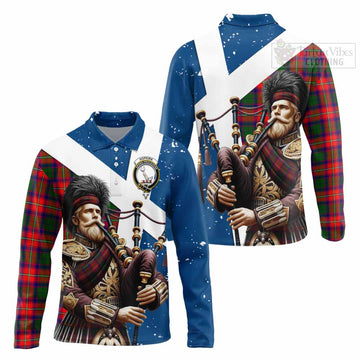 Hopkirk Tartan Long Sleeve Polo Shirt with Family Crest Scottish Bagpiper Vibes