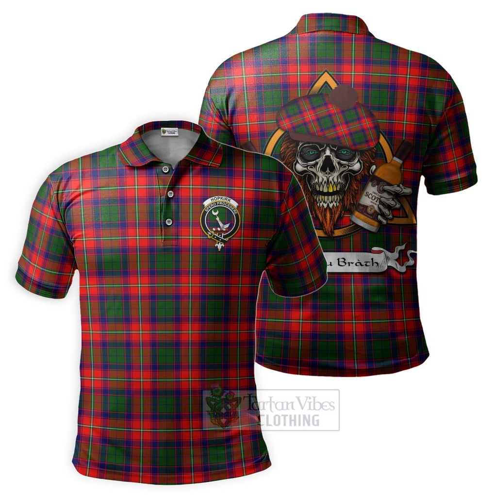 Tartan Vibes Clothing Hopkirk Tartan Polo Shirt with Family Crest and Bearded Skull Holding Bottles of Whiskey