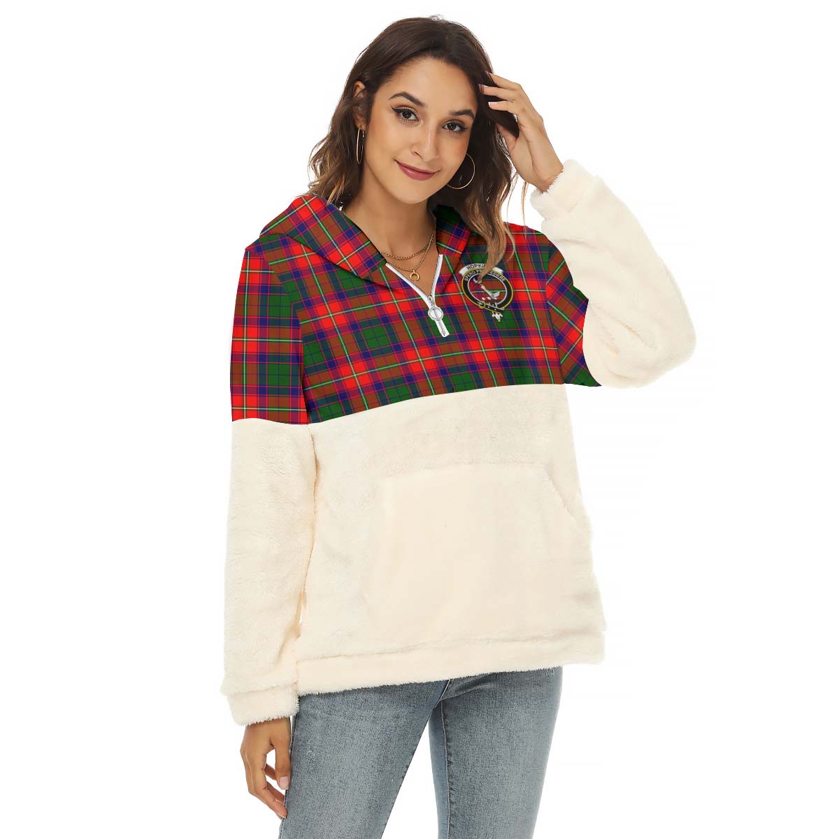 Hopkirk Tartan Women's Borg Fleece Hoodie With Half Zip with Family Crest Female - Tartan Vibes Clothing