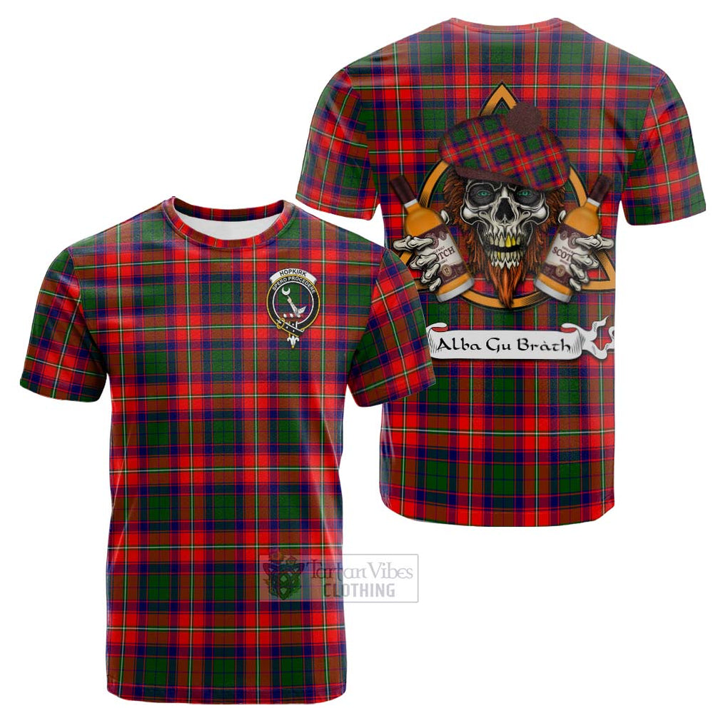 Tartan Vibes Clothing Hopkirk Tartan Cotton T-shirt with Family Crest and Bearded Skull Holding Bottles of Whiskey