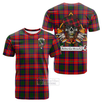 Hopkirk Tartan Cotton T-shirt with Family Crest and Bearded Skull Holding Bottles of Whiskey