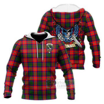 Hopkirk Tartan Knitted Hoodie with Family Crest Celtic Skull Style