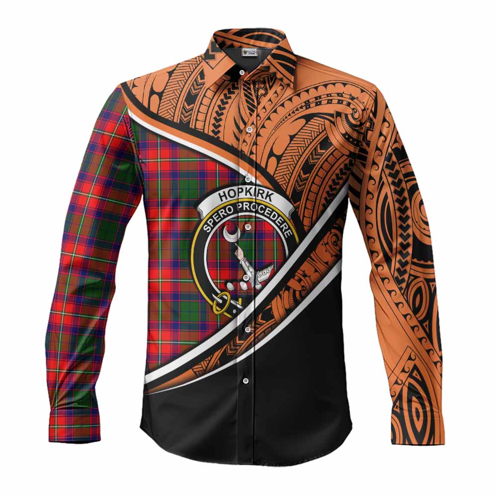 Tartan Vibes Clothing Hopkirk Crest Tartan Long Sleeve Button Shirt with Maori Tattoo Style - Orange Version