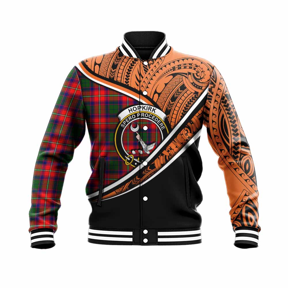 Tartan Vibes Clothing Hopkirk Crest Tartan Baseball Jacket with Maori Tattoo Style - Orange Version