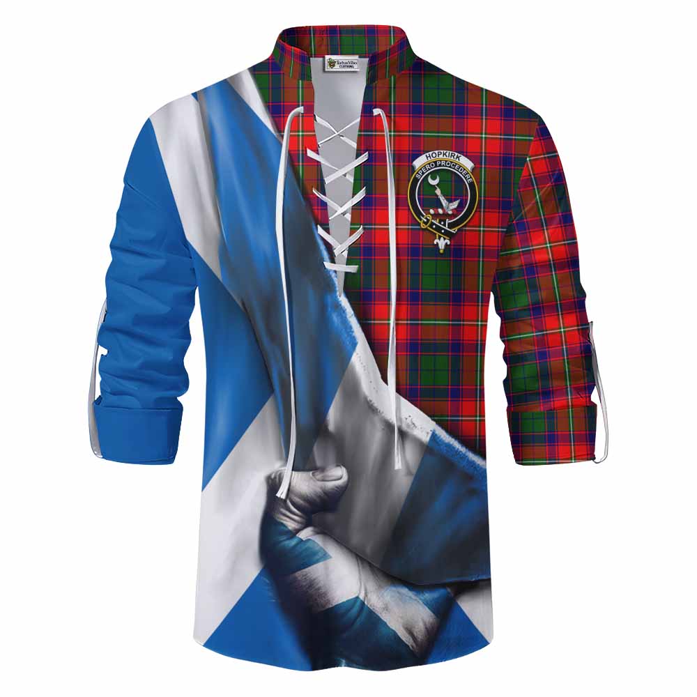 Tartan Vibes Clothing Hopkirk Tartan Ghillie Kilt Shirt with Family Crest Scotland Patriotic Style