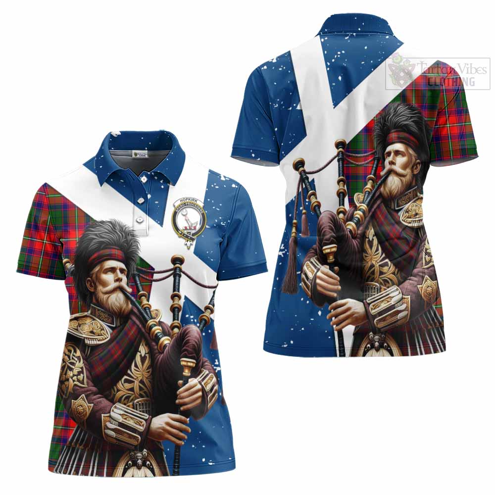 Tartan Vibes Clothing Hopkirk Tartan Women's Polo Shirt with Family Crest Scottish Bagpiper Vibes