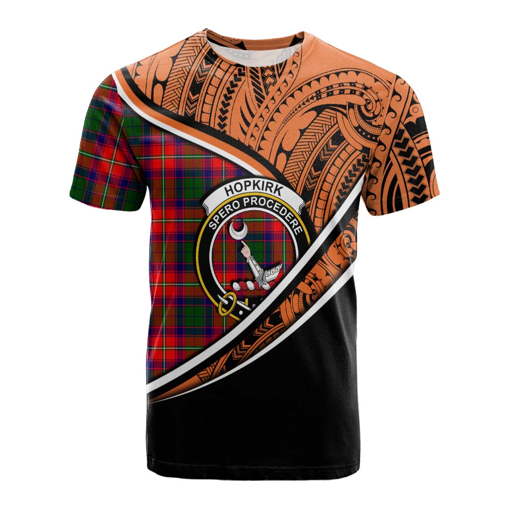 Tartan Vibes Clothing Hopkirk Crest Tartan Cotton T-shirt with Maori Tattoo Style - Orange Version